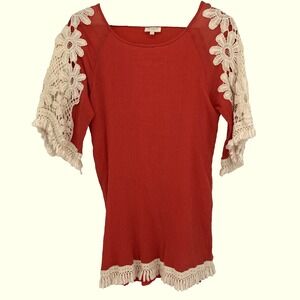 Umgee Coral Crochet Lace Tassel Sleeve Boho Tunic Top Women's Small